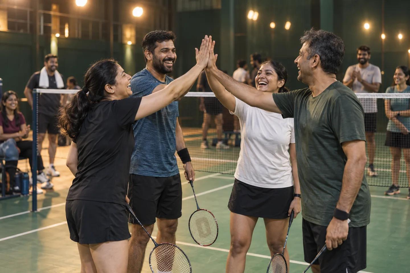 Colleagues celebrating together after a badminton match