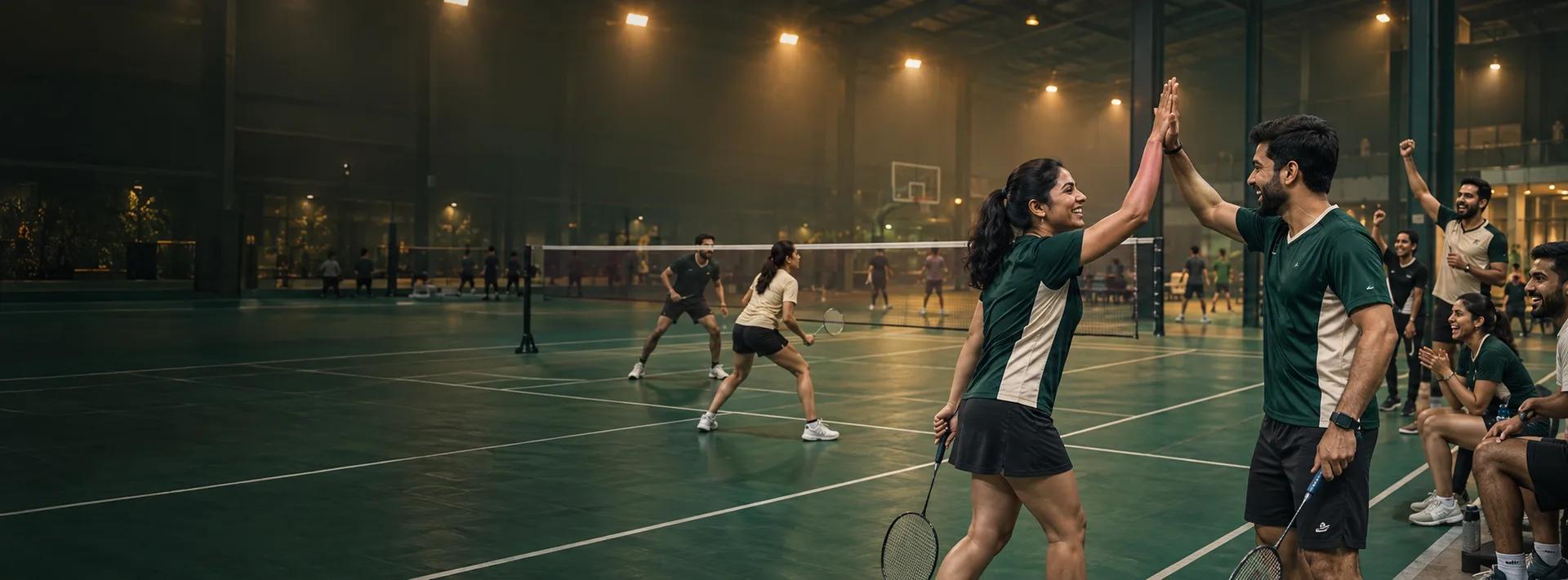 Colleagues playing and cheering together at an indoor badminton court